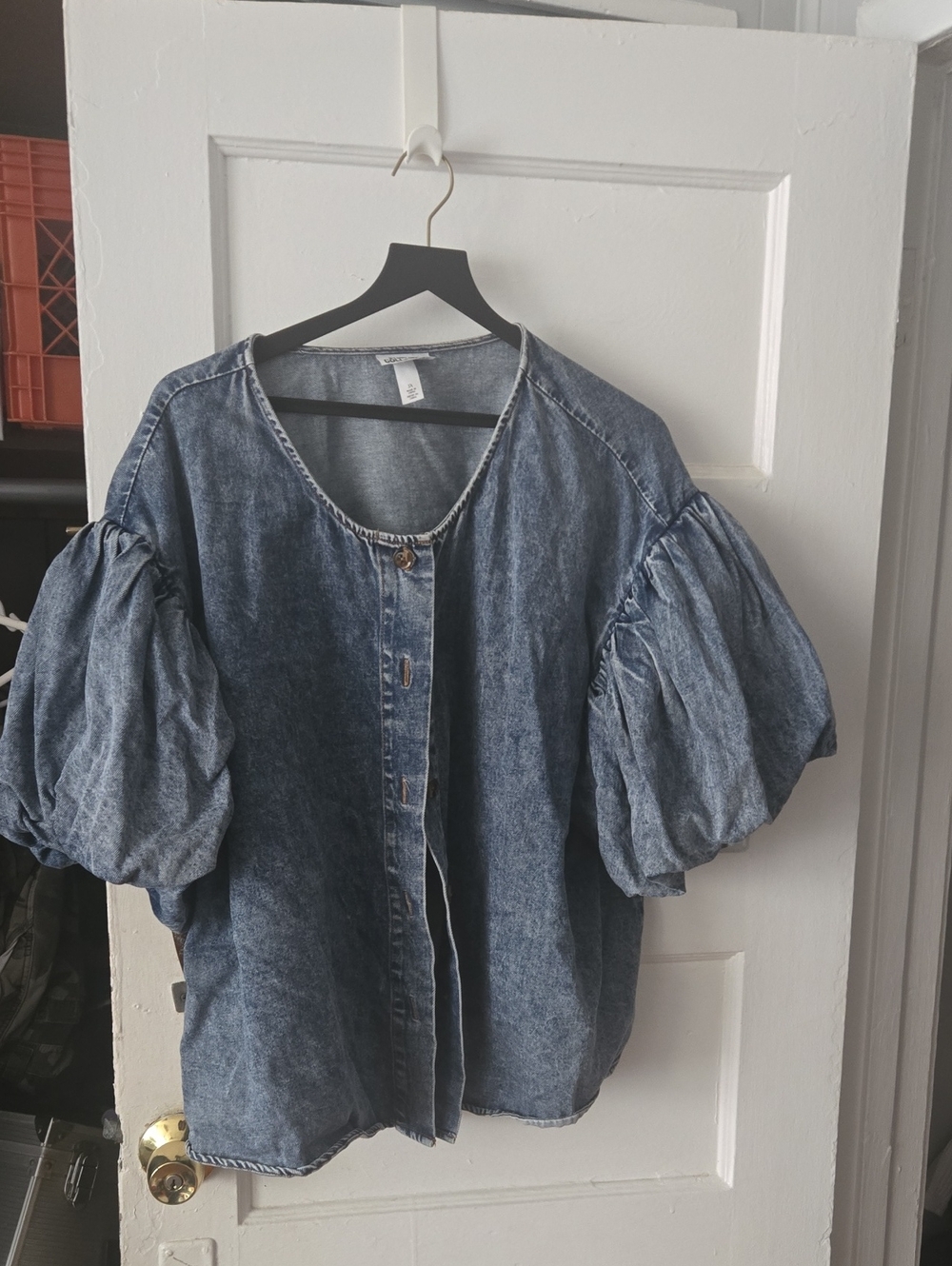 Denim Puff-Sleeve Button-Front Top - Blue